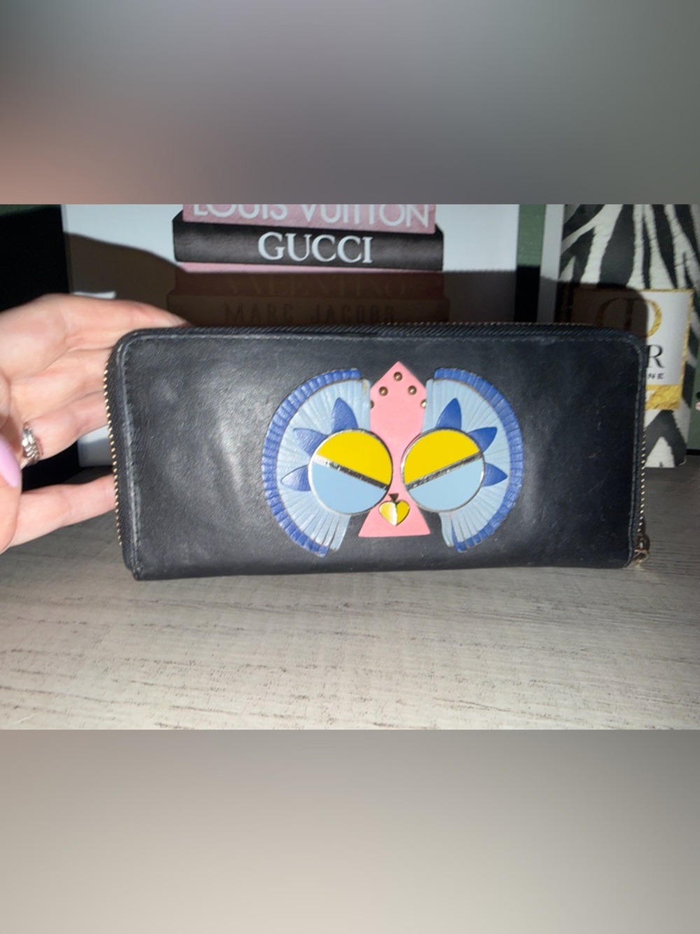 kate spade Black Leather Zip Around Wallet with Colorful Owl Motif